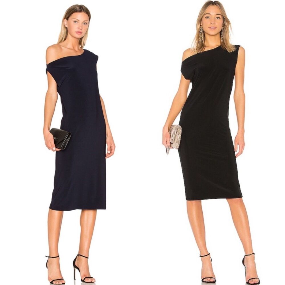 NEW Norma Kamali Drop One Shoulder Shift Midi Dress in Midnight Blue size small